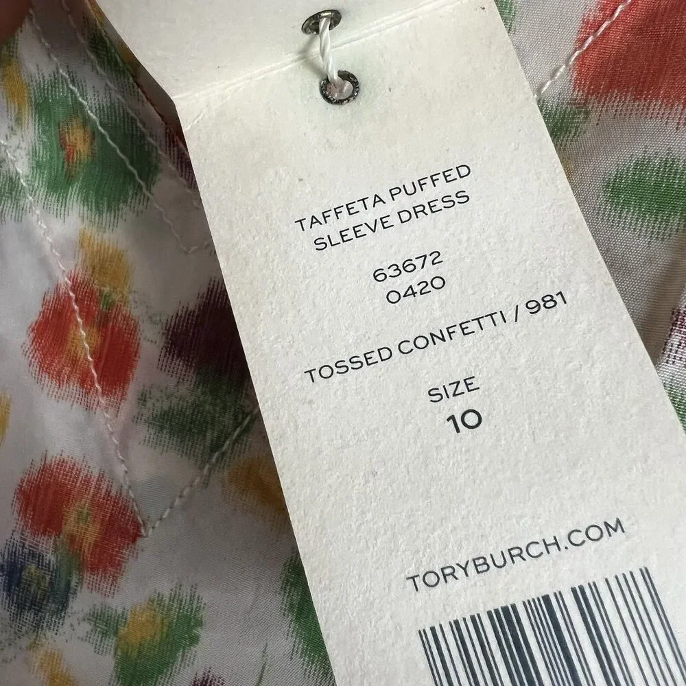 Tory Burch Taffeta Puffed Sleeve Dress Tossed Confetti Floral V-Neck 63672 SZ 10